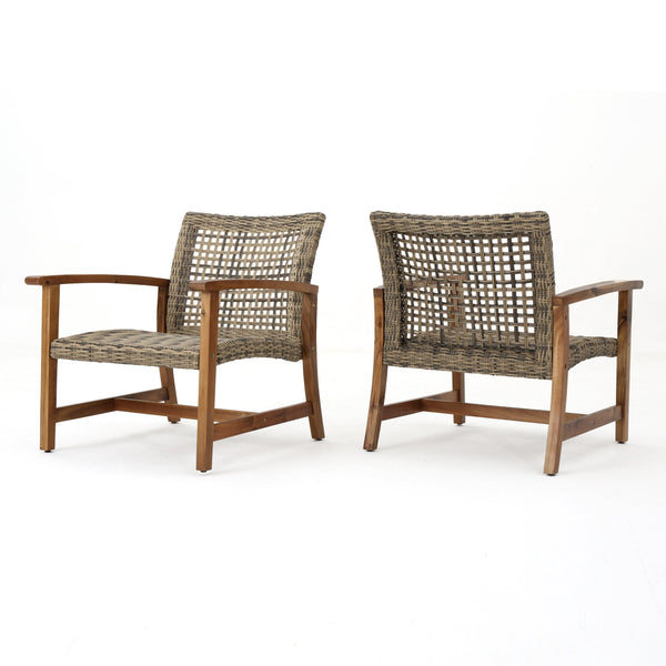 Outdoor Acacia Wood Wicker Club Chairs with Acacia Wood Frame, 2-Pcs Set, photo 2 of 10