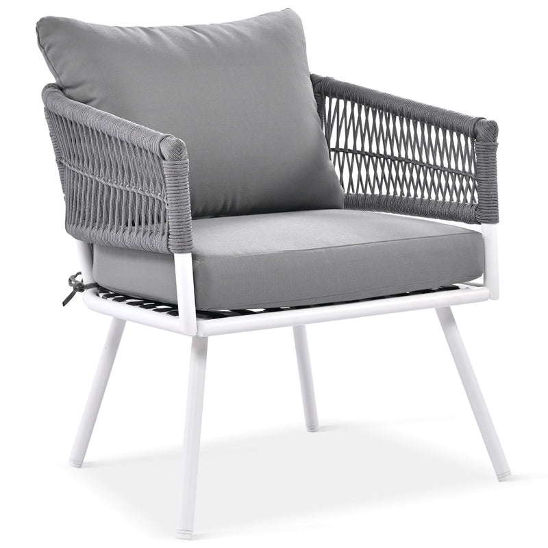 4-Piece Boho Rope Patio Furniture Set, Outdoor Furniture with Acacia Wood Table, Patio Conversation Set with Deep Seating & Thick Cushion for Backyard Porch Balcony, Grey