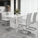A simple dining table. A dining table with a white marble pattern. 4 PU synthetic leather high backrest cushioned side chairs with C-shaped silver metal legs. DT-SQ-16090-wh