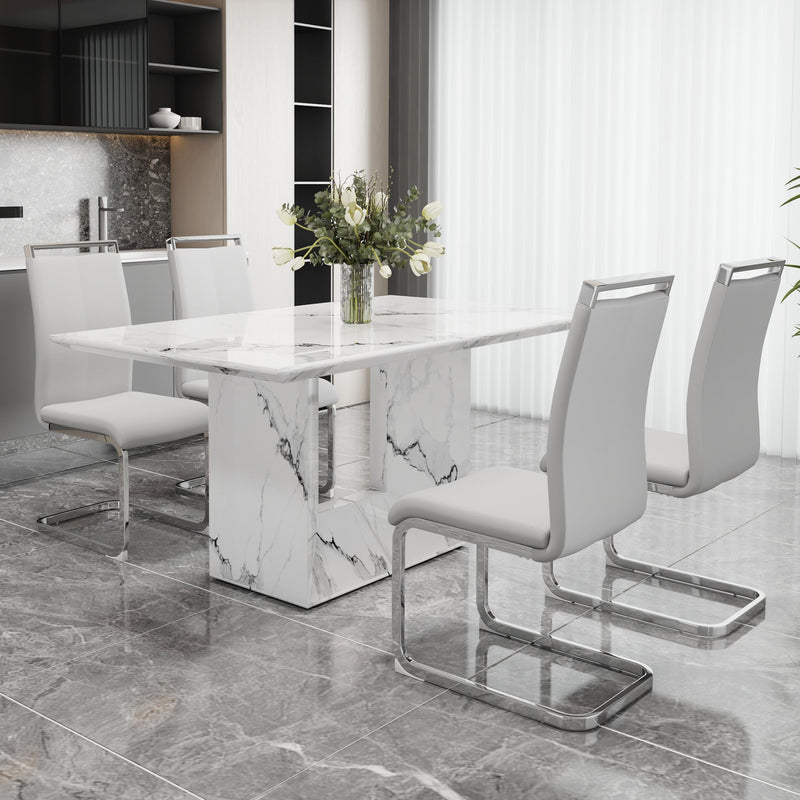 A simple dining table. A dining table with a white marble pattern. 4 PU synthetic leather high backrest cushioned side chairs with C-shaped silver metal legs. DT-SQ-16090-wh