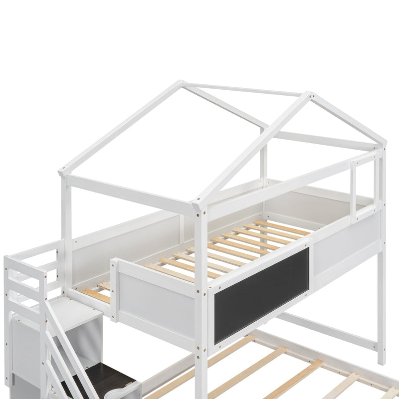 Walker Edison | Twin over Full House Bunk Bed with Storage Staircase and Blackboard, White