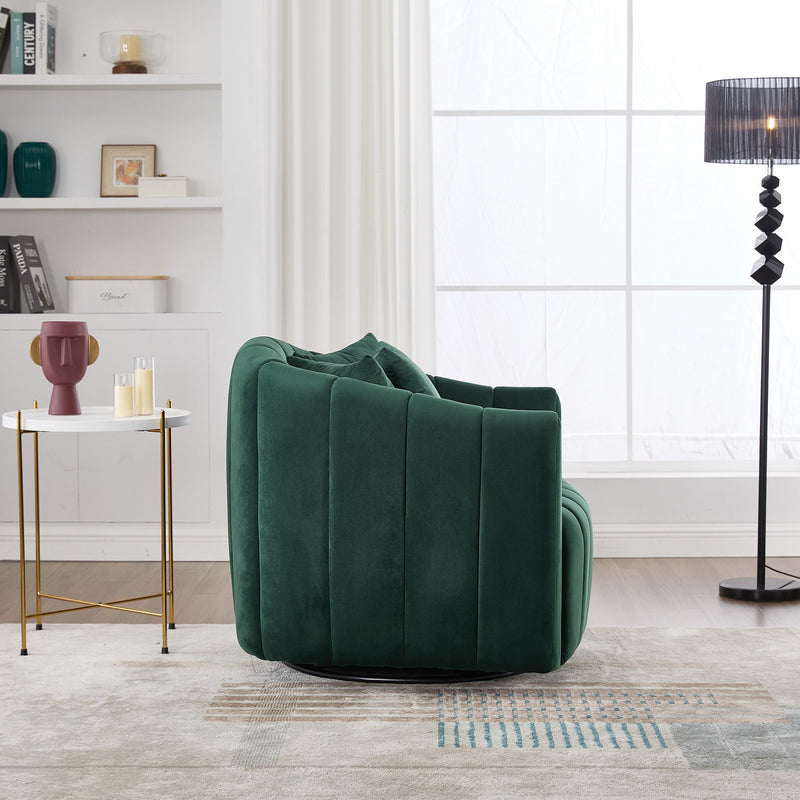 40.35'W Upholstered Oversized 360° Swivel Accent Barrel Chair and Half Cozy Sofa with 3 Pillows, Velvet Channel Tufted Pumpkin-Shape Club Armchair for Living Room, Bedroom, Office, Lounge, Green