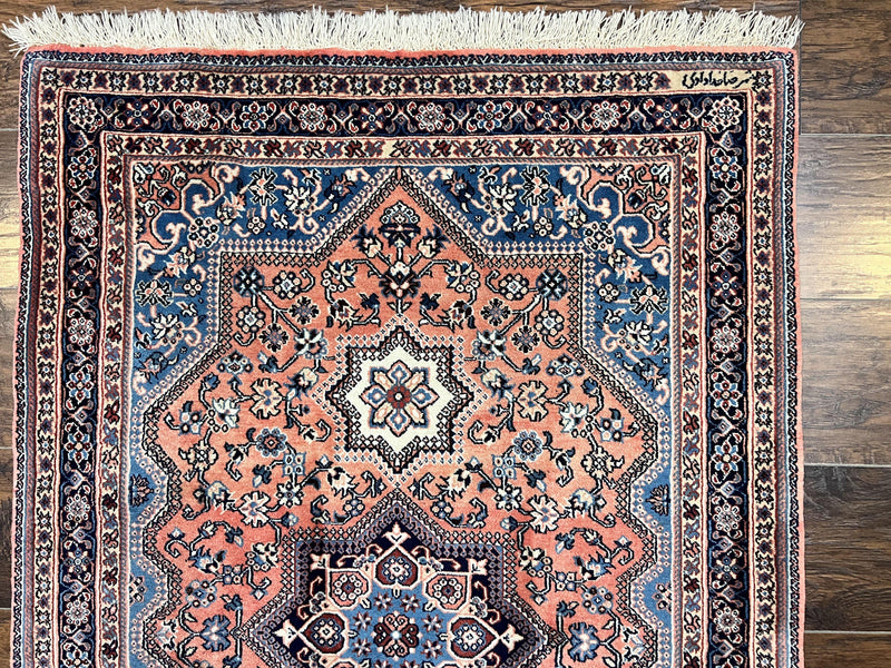 Persian Shiraz Rug 3x5, Geometric Tribal Rug, Wool Hand Knotted Vintage Carpet, Light Red & Blue, Signed by Masterweaver