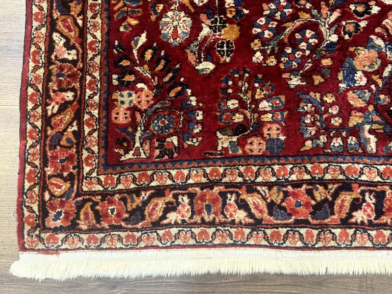 Antique Persian Sarouk Rug 4x6, Floral, Red, Wool Hand Knotted Fine 225 KPSI
