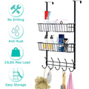 Over The Door Hooks Organizer Door Towel Rack Hanger 5 Hooks with 2 Metal Baskets for Bathroom Bedroom Kitchen Storage Shelf