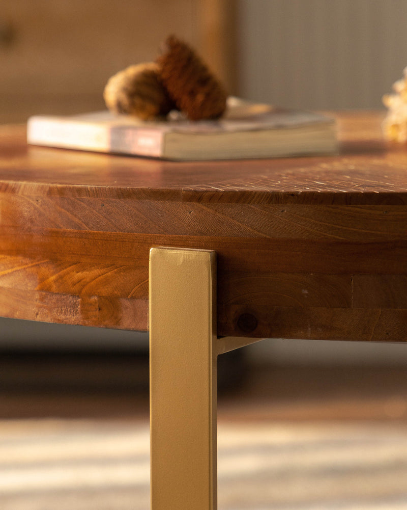 33.86"Modern Retro Splicing Round Coffee Table,Fir Wood Table Top with Gold Cross Legs Base