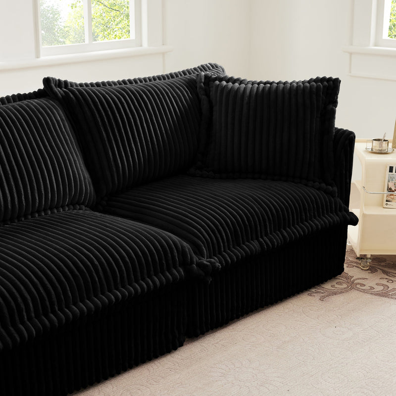 L-Shaped Slipcovered Sectional Sofa Couch, Comfy Deep Seat Cloud Couch with Convertible Ottoman & 2 Big Pillows, Modern Oversized 3 Seater Slipcovered Sofa Set for Living Room Office, Black Corduroy