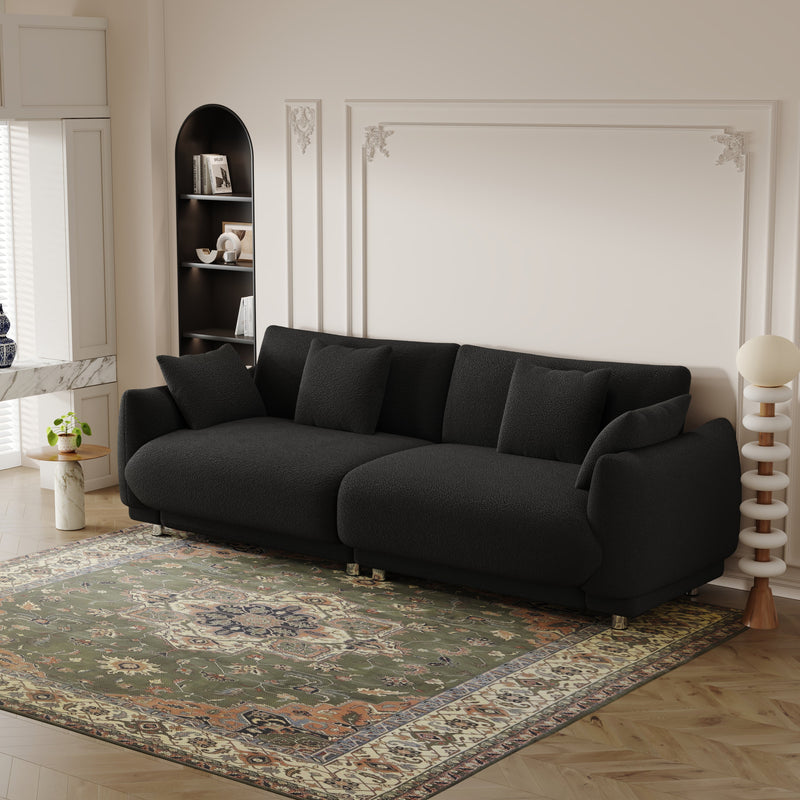 86.6 inch teddy fleece black sofa with four throw pillows hardware feet can be placed in the apartment bedroom to sit comfortably without taking up space