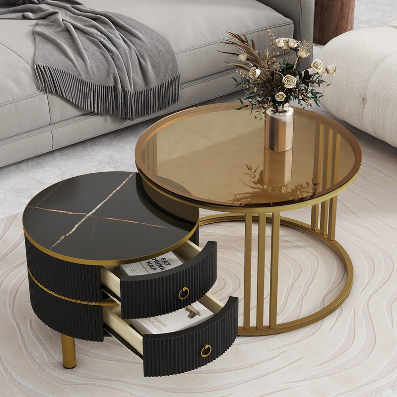 27.5" & 19.6" Stackable Coffee Table with 2 Drawers, Nesting Tables with Brown Tempered Glass and High Gloss Marble Tabletop, Set of 2, Round Center Table for Living Room, Black