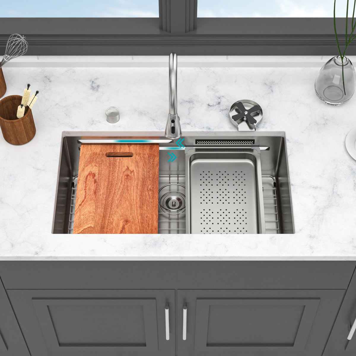 Undermount Stainless Steel Kitchen Sink With Pull Down Faucet & Ledge Workstation, photo 11 of 23