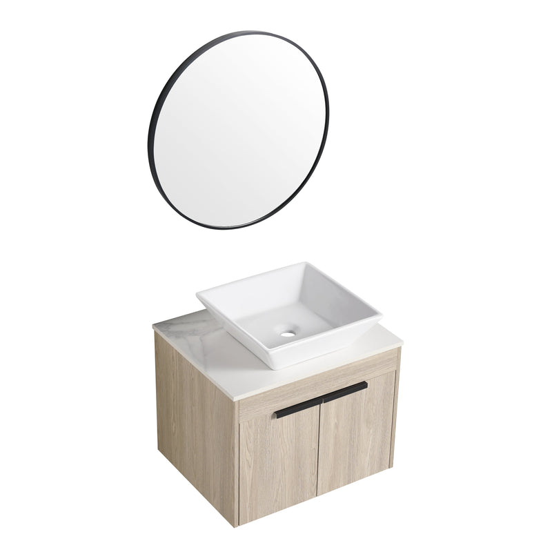 24" Modern Design Float Bathroom Vanity With Ceramic Basin Set, Wall Mounted White Oak Vanity With Soft Close Door, KD-PackingD-Packing Pieces