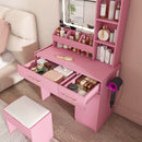 Vanity Desk With LED Mirror Lights And Power Outlet Charging Station, 3 Drawers, 7 Shelves, Storage Stool - Pink by HouseOfZazla