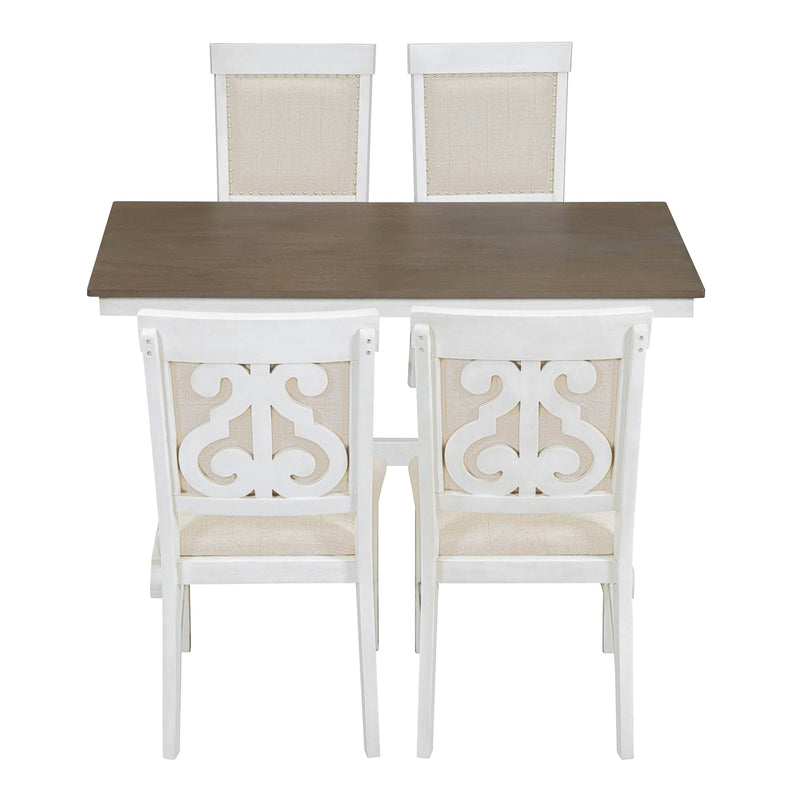 5-Piece Retro Dining Set, Rectangular Wooden Dining Table and 4 Upholstered Chairs for Dining Room and Kitchen (Brown+White)
