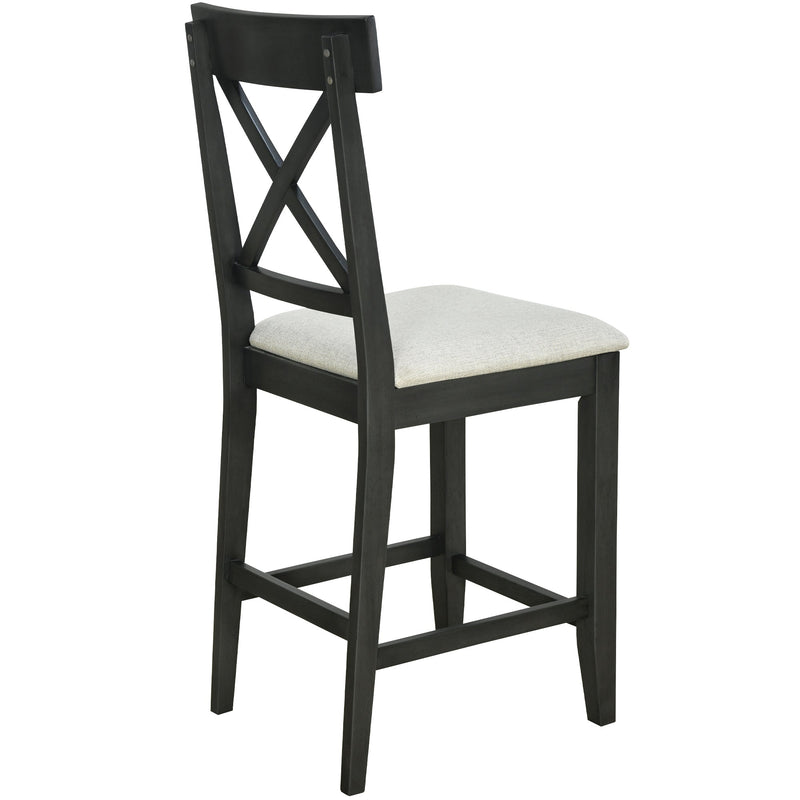 60"Lx30"W Solid Wood Farmhouse Counter Height Dining Table Set with 3-Tier Storage Shelves, Upholstered Dining Chairs for 4, 5-Piece, Gray