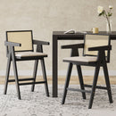 Woven Cane Plastic Backrest Bar Stool Foam Padded Fabric Seat & Durable Rubberwood Frame - Cream Gray