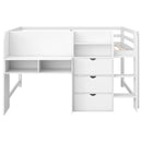 Low Loft Bed With Built In Desk, Storage Cabinets, Open Bookcase And Doodle board