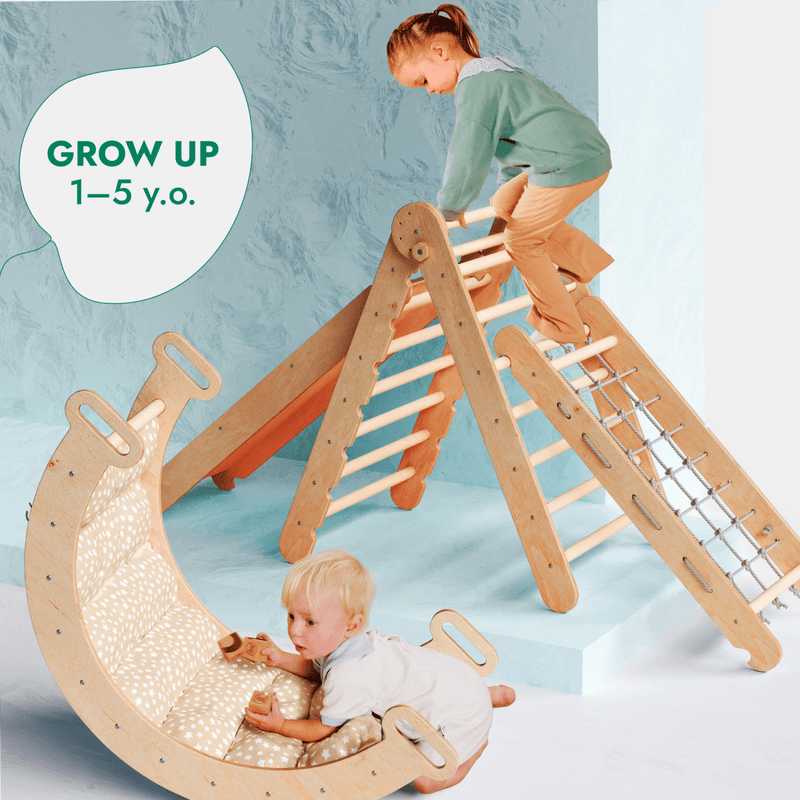 5in1 Montessori Climbing Set: Triangle Ladder + Arch/Rocker + Slide Board/Ramp + Netting rope + Cushion