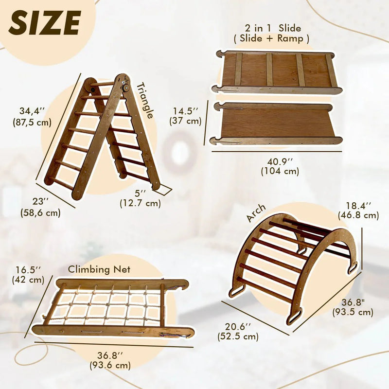 The 4in1 Montessori Climbing Set consists of: Triangle Ladder + Arch/Rocker + Slide Board/Ramp + Net – Chocolate