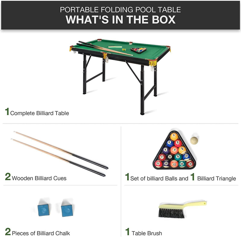 47" Folding Portable Billiard Table for Kids and Family - Pool Game Table with Cues, Balls, Chalk, Cleaning Brush, Tripod - Home or Office Play Fun