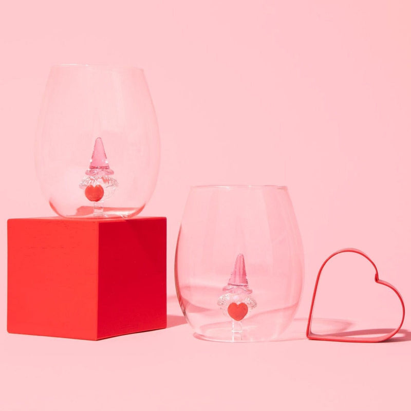 3D Gnome Heart Stemless Wine Glasses