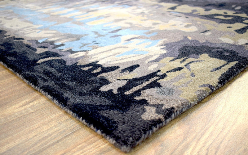 5x8 Abstract Black and Blue Area Rug | Handmade with Wool and Viscose | TRD633958