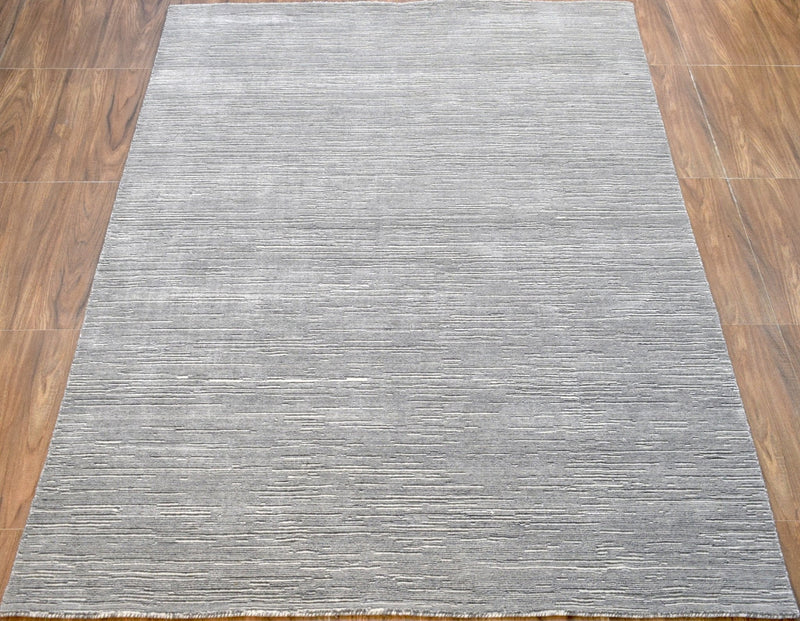 5x8 Solid Silver and White Area Rug | Handmade with Wool & Viscose | TRD1006558