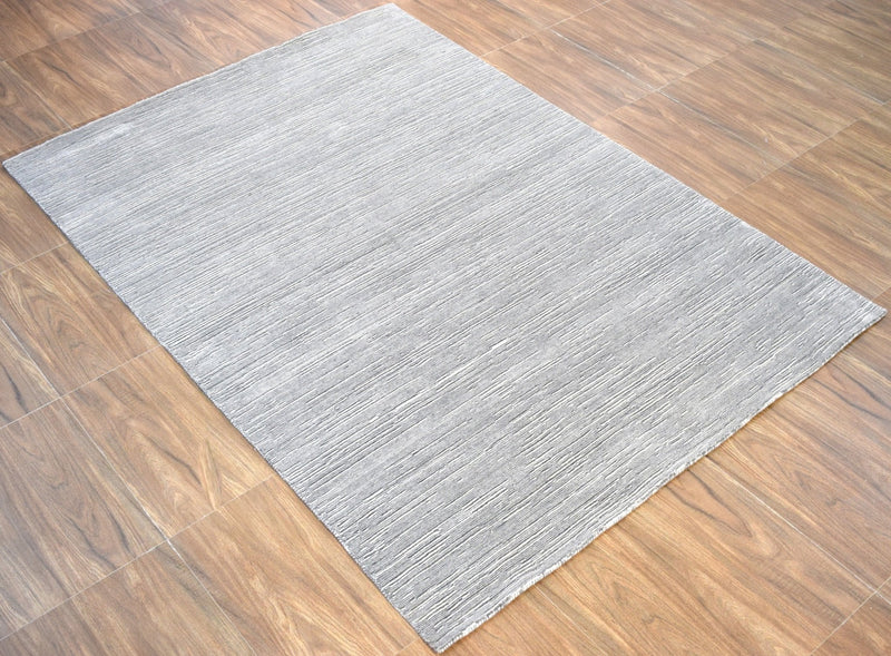 5x8 Solid Silver and White Area Rug | Handmade with Wool & Viscose | TRD1006558