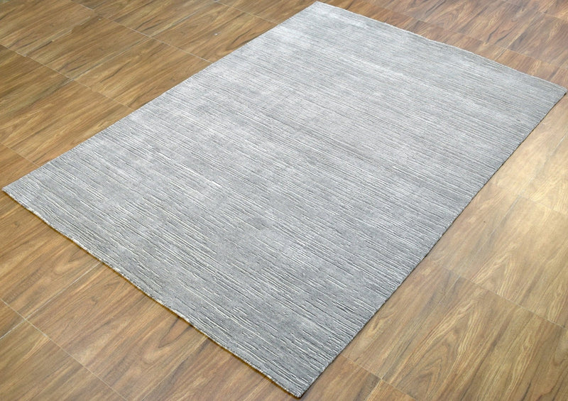 5x8 Solid Silver and White Area Rug | Handmade with Wool & Viscose | TRD1006558