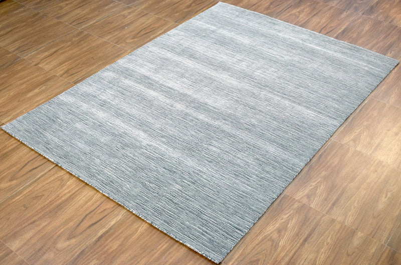 5x8 Solid blue and Silver Area Rug | Handmade with Wool & Viscose | TRD1006858