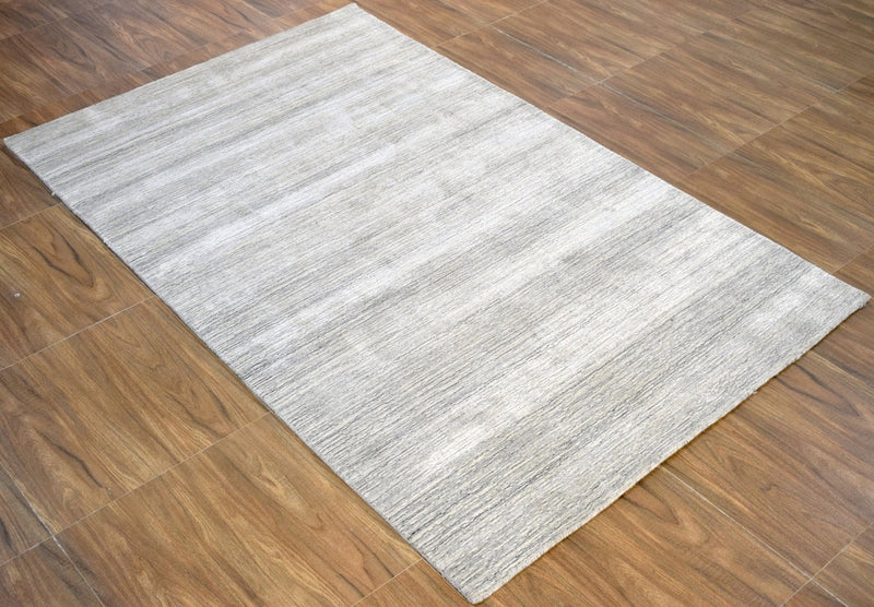 5x8 Solid Beige and Silver Area Rug | Handmade with Wool & Viscose | TRD1007258