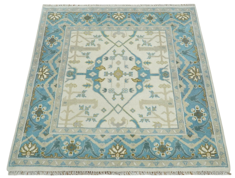 5x5 Square Hand Knotted Oriental Oushak Ivory, Aqua and Beige Wool Area Rug | TRDCP152955SS