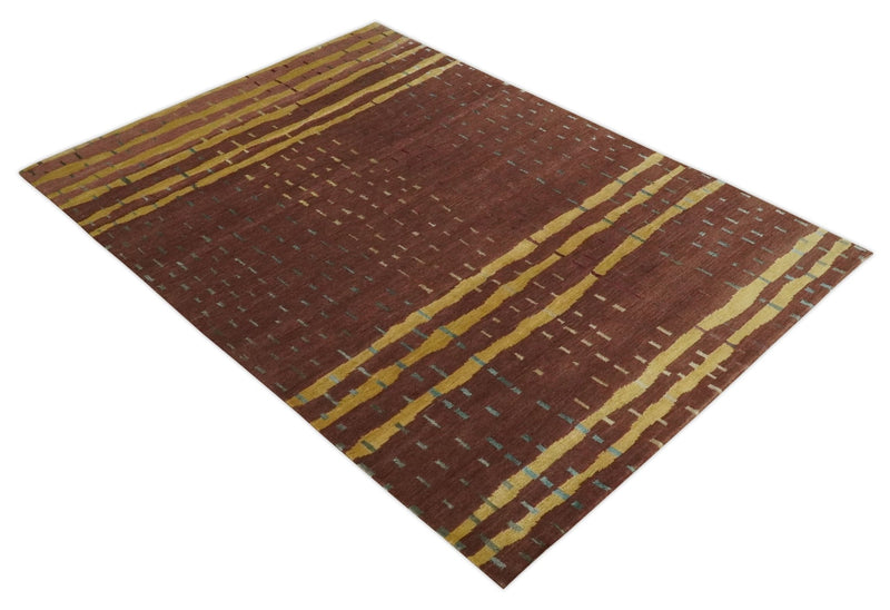 5x7 Brown and Gold Stripes Pattern Hand knotted Wool and Art Silk Area Rug