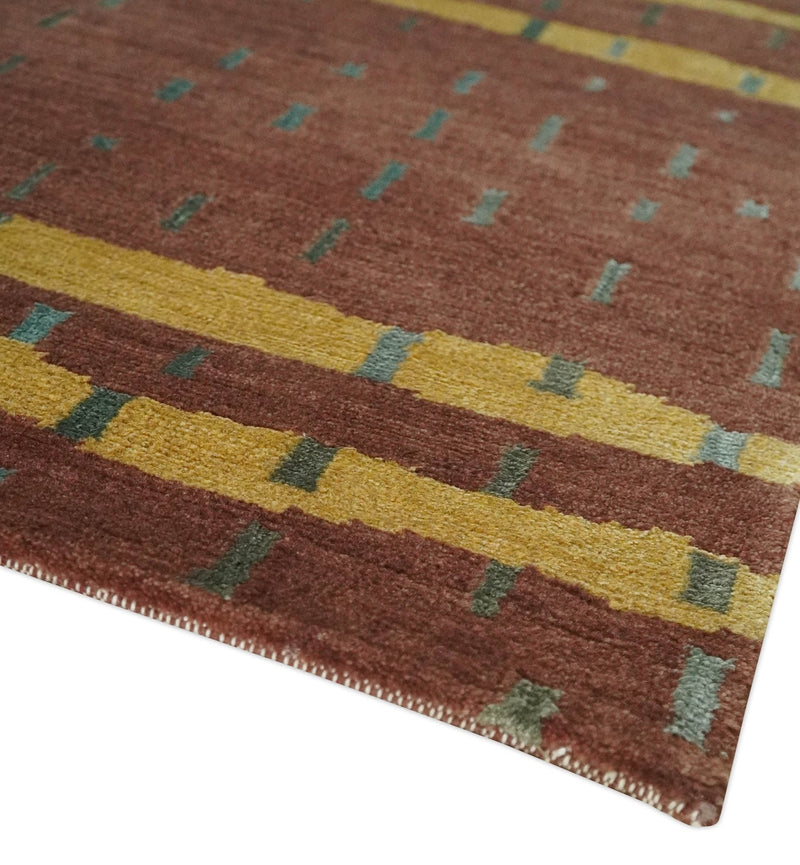 5x7 Brown and Gold Stripes Pattern Hand knotted Wool and Art Silk Area Rug