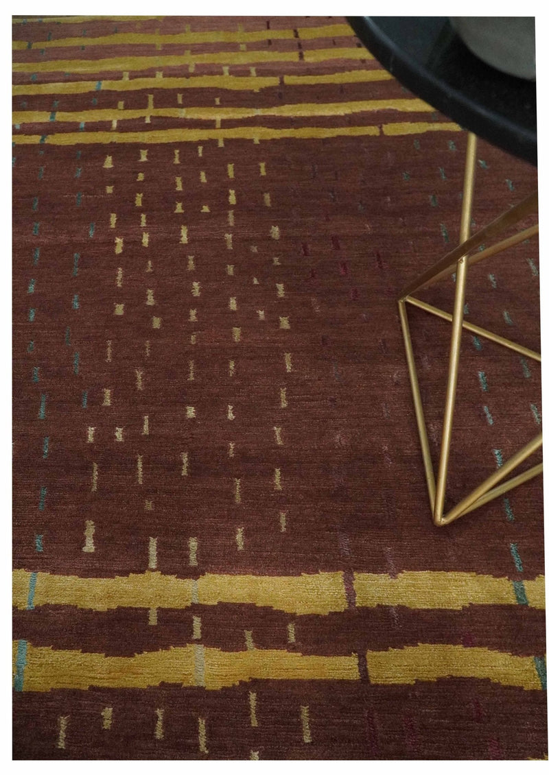 5x7 Brown and Gold Stripes Pattern Hand knotted Wool and Art Silk Area Rug