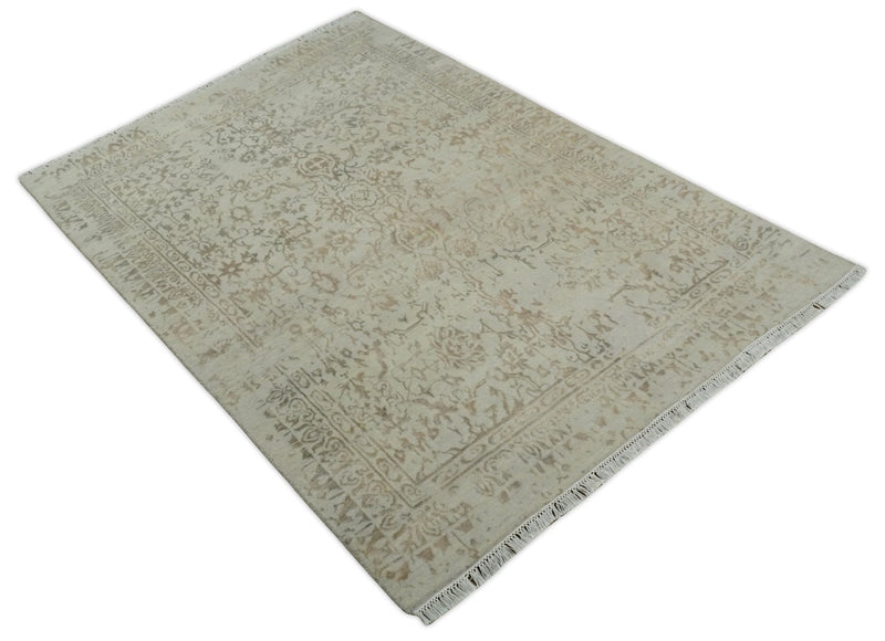 5x7 Fine Hand Knotted Beige and Brown Traditional Vintage Persian Style Antique Wool and Silk Rug | AGR50