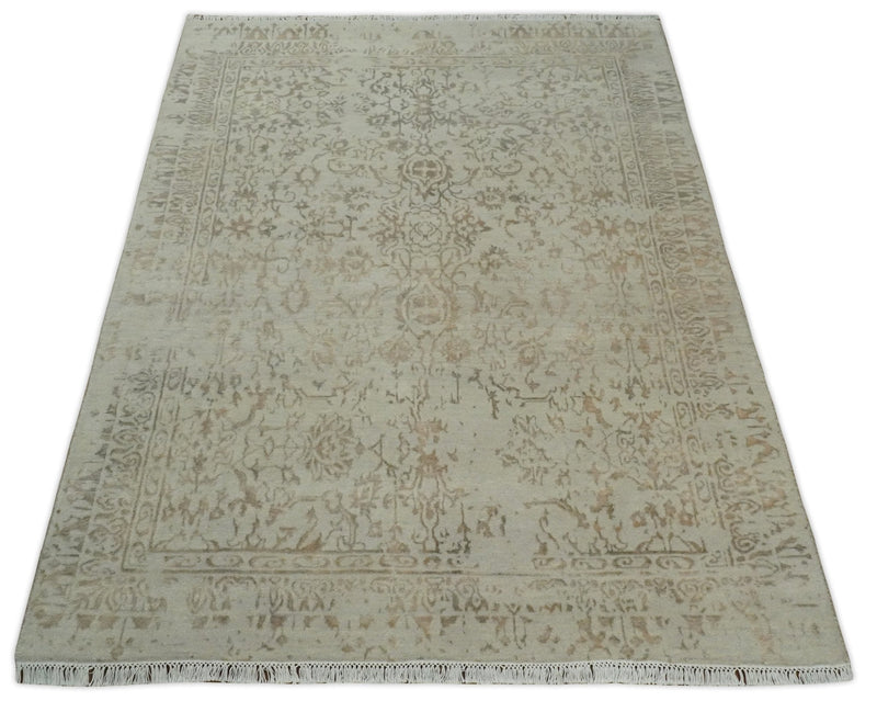 5x7 Fine Hand Knotted Beige and Brown Traditional Vintage Persian Style Antique Wool and Silk Rug | AGR50