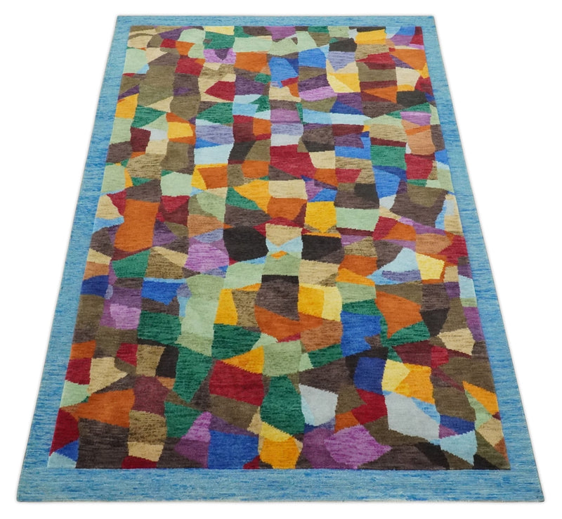 5x7 Multicolor Shapes Modern Artistic Wool Hand Woven Southwestern Rug | KNT35