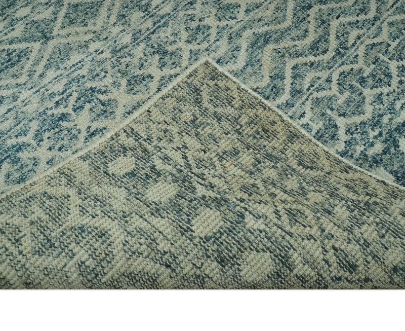 5x7 Teal and Beige Hand knotted southwestern Tribal trellis recycled Art Silk rug