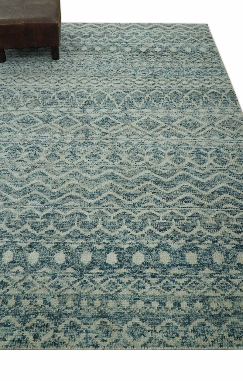 5x7 Teal and Beige Hand knotted southwestern Tribal trellis recycled Art Silk rug