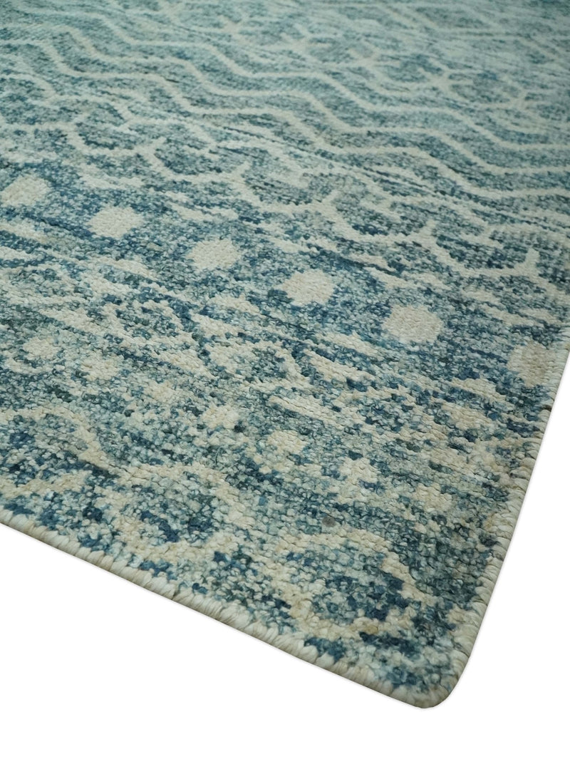 5x7 Teal and Beige Hand knotted southwestern Tribal trellis recycled Art Silk rug