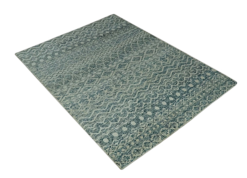 5x7 Teal and Beige Hand knotted southwestern Tribal trellis recycled Art Silk rug