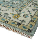 Hand-Knotted Wool Area Rug - Blue and Ivory Oushak Antique Style