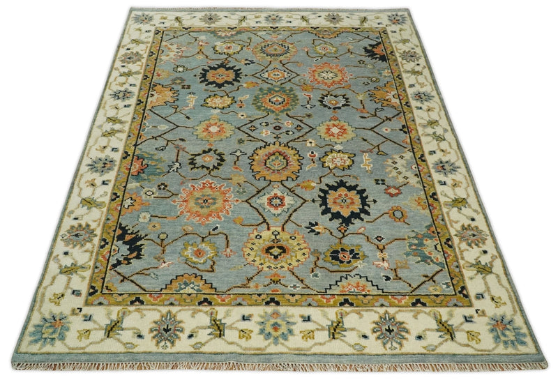 Antique Traditional Silver and Ivory Hand Knotted Oriental Oushak Multi Size wool Area Rug