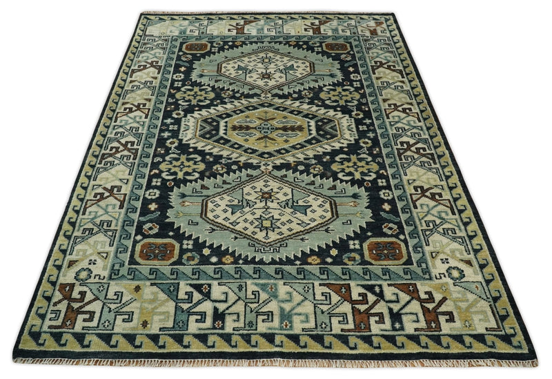 Custom Made Hand Knotted Blue, Ivory and Olive Traditional Oriental wool Area Rug