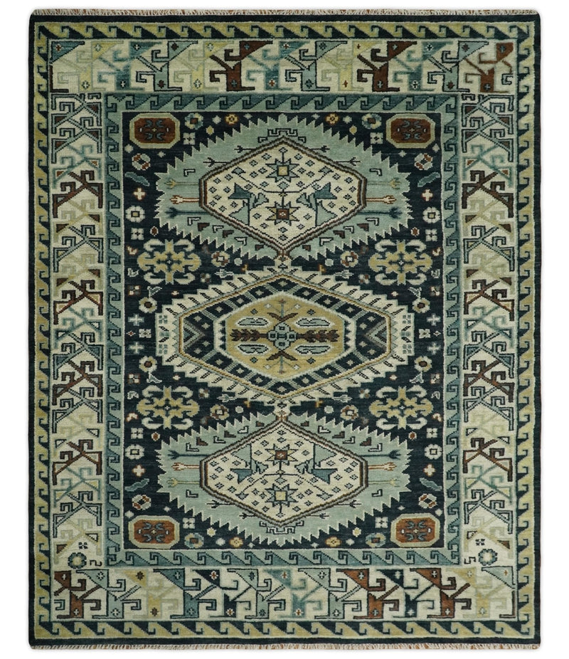 Custom Made Hand Knotted Blue, Ivory and Olive Traditional Oriental wool Area Rug