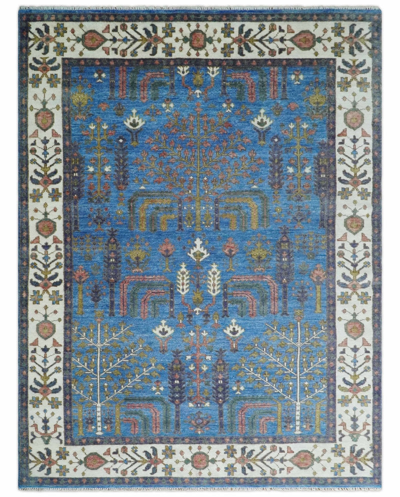 Tree of life Traditional Hand Knotted Blue and Ivory Multi Size Wool area Rug