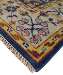 Hand Knotted Wool Area Rug Blue Gold Beige Oushak Oriental Traditional Design by The Rug Decor