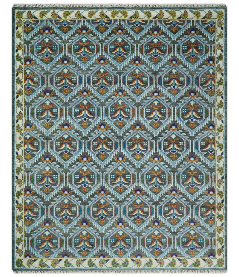 Charcoal, Blue and Ivory Traditional Hand Knotted Multi Size Wool area Rug