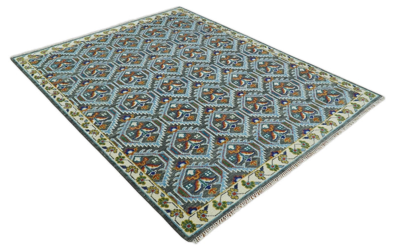 Charcoal, Blue and Ivory Traditional Hand Knotted Multi Size Wool area Rug