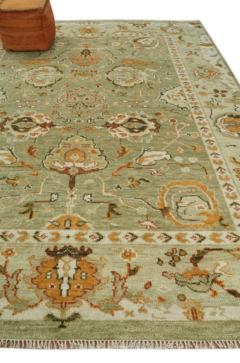 Custom Made Hand Knotted Olive and beige Traditional Vintage Style Antique Wool Rug